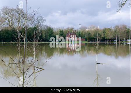 Floods, Home Park, Windsor, Berkshire, Großbritannien. Februar 2014. Die Themse platzt nach starken Regenfällen und Überschwemmungen, die vom Windsor Rugby Club genutzt werden. Kredit: Maureen McLean/Alamy Stockfoto