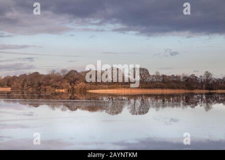 Blick über Ormesby Broad an einem eiskalten Wintermorgen, Norfolk, East Anglia, Großbritannien Stockfoto