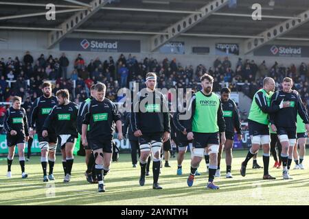 Newcastle, Großbritannien. Februar 2020. Newcastle UPON TYNE, ENGLAND - 16. FEBRUAR Newcastle Falcons Spieler vor dem Greene King IPA Championship Match zwischen Newcastle Falcons und Cornish Pirates im Kingston Park, Newcastle am Sonntag, 16. Februar 2020. (Credit: Chris Lishman/MI News) Credit: MI News & Sport /Alamy Live News Stockfoto