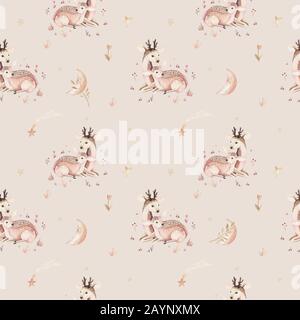 Aquarell Baby und Mutter Cartoon Rehe nahtloses Muster. Wald süße Hirsche Hand gezeichnet Kid Textur, Hintergrund. Kinder lustige Malerei. Stoff Stockfoto
