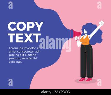 Vector flaches Design einer feministischen Frau mit einem Megafon und Kopierraum auf der linken Seite Stock Vektor