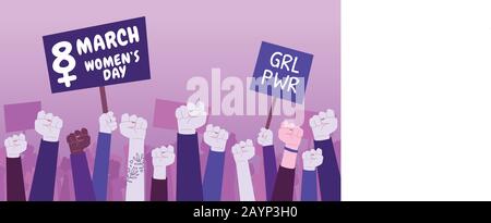 8. März Frauen und Mädchen Macht. Vektorflache Gestaltung einer feministischen Manifestation für den Frauentag Stock Vektor