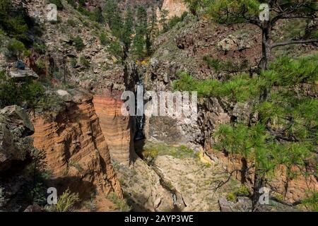 Blick auf die Upper Falls im Frijoles Canyon vom Falls Trail am Bandelier National Monument in der Nähe von Los Alamos, New Mexico, USA. Stockfoto