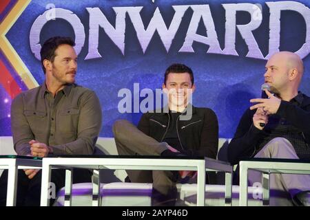 Chris Pratt, Tom Holland, Dan Scanlon 14.02.2020 "Onward"-Pressekonferenz im SLS Hotel in Beverly Hills in Los Angeles, CA. Foto von I. Hasegawa / HNW / PictureLux Stockfoto