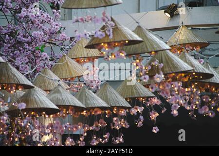 Schöne Dekoration des Frühlingsfestes in Hanoi City aus rosafarbenen Kirschblüten und asiatischem konischem Hut Stockfoto