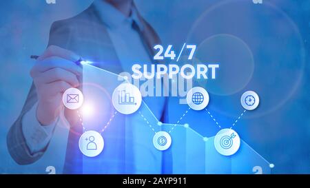 Textzeichen mit 24 Oder 7 Stützelement. Zweitägiger Business-Fototext an sieben Tagen in der Woche Support für den Kunden Stockfoto