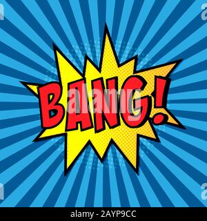Bang Comic-Blase-Text. Pop-Art-Stil. Hintergrund radiale Linien. Darstellung des Explosionsvektors. Halbtoneffekt Stock Vektor