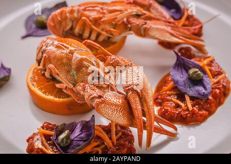 Schließen Sie gekochte Flusskrebse auf einem Teller. Delikatesse mit Chili Pfeffersauce, Basilikum und Kapern. Gourmetküche. Stockfoto