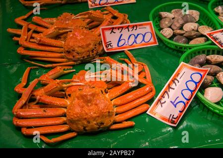 Nahaufnahme der zum Verkauf stehenden frischen Krabbe auf dem Omicho Ichiba Markt, der ein lebhafter überdachter Lebensmittelmarkt in Kanazawa, Präfektur Ishikawa, auf Honshu Island, Jap Ist Stockfoto