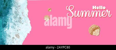 Hallo Sommer. Realistische Meereswellen und Strand. Horizontales Banner für Werbung und Sommerrabatte. Plakat eines Resorts oder Erholungszentrums. Meer Stock Vektor
