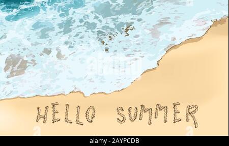 Hallo Sommer. Realistische Meereswellen und Strand. Horizontales Banner für Werbung und Sommerrabatte. Plakat eines Resorts oder Erholungszentrums. Meer Stock Vektor