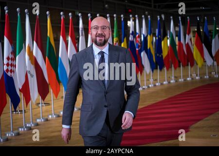 Brüssel, Belgien. Februar 2020. Der Präsident des Europäischen Rates, Charles Michel, trifft auf dem EU-Westbalkan-Gipfel am EU-Hauptsitz ein. Credit: Alexandros MICHAILIDIS/Alamy Live News Stockfoto