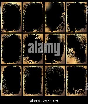 Satz goldener grungiger Blumenrahmen auf schwarzem Hintergrund. Stock Vektor