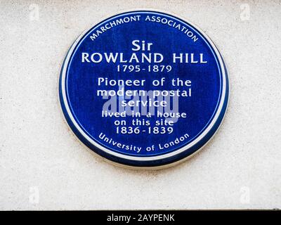 Sir Rowland Hill Blue Plaque an einem Gebäude in Bloomsbury London.