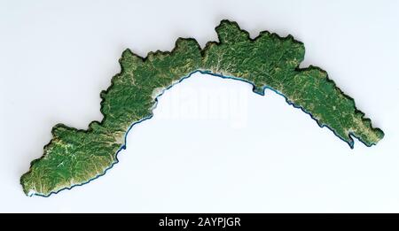 Satellitenansicht der Region Ligurien. Italien. 3D-Rendering. Physische Karte von Ligurien, Ebenen, Bergen, Seen, Gebirgszug der Alpen Stockfoto