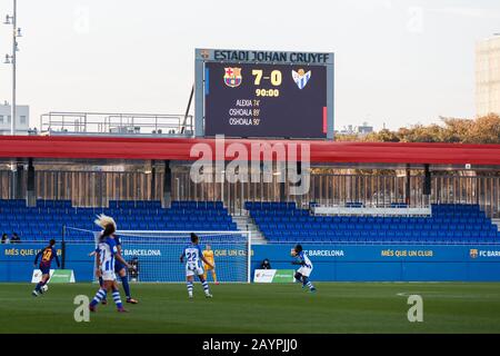 Barcelona, Spanien. Februar 2020. Der Anzeiger zeigt das 7-0 während des Spiels der spanischen Liga Primera Iberdrola zwischen den Damen des FC Barcelona gegen Die Damen Von Sporting Huelva im Johan Cruyff Stadium am 16. Februar 2020 in Barcelona, Spanien. Credit: Dax/ESPA/Alamy Live News Stockfoto