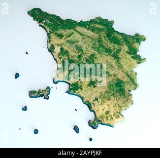 Satellitenansicht der Region Toskana. Italien. 3D-Rendering. Physische Karte von Toscana, Ebenen, Bergen, Seen, Gebirgszug der Apenninen Stockfoto