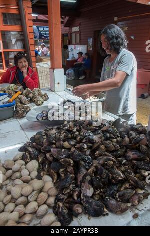 Marktszene mit einem Mann, der in der Markthalle in Angelmo, Puerto Montt im Süden Chiles Muscheln und Muscheln verkauft. Stockfoto