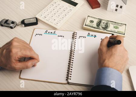 Beschnittenes Bild des Reisebüros, der in Notizbuch mit Rent and Buy-Schriftzug in der Nähe von Geld und Taschenrechner schreibt Stockfoto