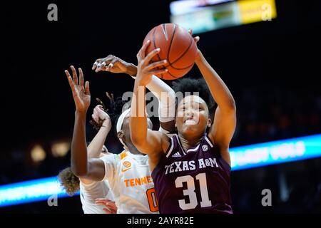 Knoxville, Tennessee, USA. Februar 2020: N'dea Jones #31 der Texas A&M Aggies und Rennia Davis #0 der Tennessee Lady Vols kämpfen um den Rebound während des NCAA-Basketballspiels zwischen der University of Tennessee Lady Volunteers und der Texas A&M University Aggies in der Thompson Boling Arena in Knoxville TN Tim Gangloff/CSM Credit: Cal Sport Media/Alamy Live News Stockfoto