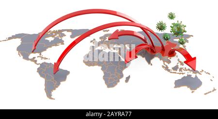 Coronavirus Ausbruch, Verbreitung des chinesischen Virus auf dem Weltkonzept, 3D-Rendering isoliert auf weißem Hintergrund Stockfoto
