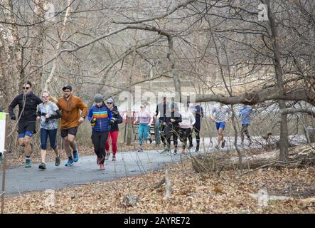 Die Jogging Meetup Group führt an einem Wintertag in Prospect Park, Brooklyn, New York eine Laufveranstaltung durch. Stockfoto