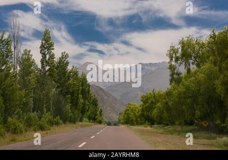 Schöne Weinstraße mit Bergen in der Nähe des Uco Valley in Mendoza, Argentinien Stockfoto