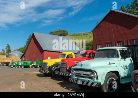 Alte Landmaschinen auf einer Farm im Whitman County in der Palouse, Washington State, USA. Stockfoto