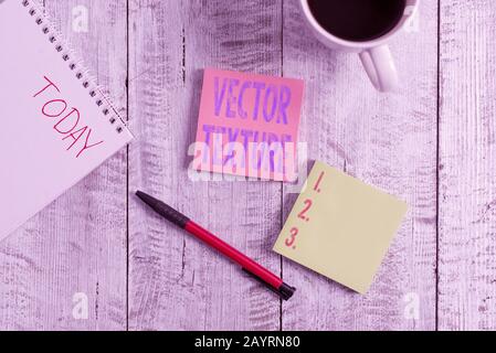 Konzeptionelles Handschreiben mit Textur. Konzept bedeutet eine Reihe von Metriken, die in der Bildverarbeitung Stationär neben einer Kaffeetasse berechnet werden Stockfoto