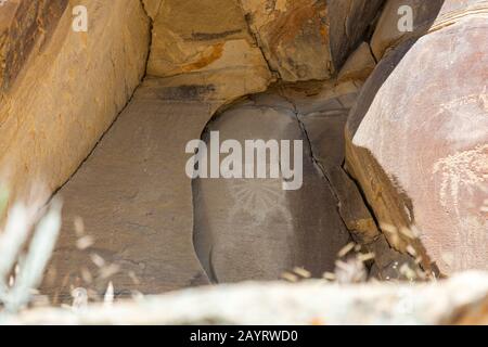 Eine Petrolyphe einer Schildkröte, die in einer kleinen Höhle versteckt ist, um sie vor dem Wetter am Legend Rock State Petroglyph Site in Wyoming zu schützen. Stockfoto
