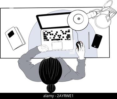 Draufsicht auf die Frau, die am Schreibtisch sitzt und an ihrem Laptop arbeitet - einfache Abbildung in gedämpften Farben Stock Vektor