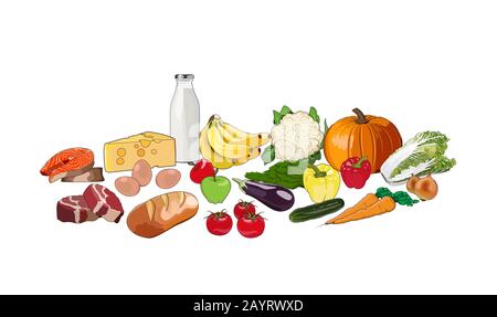 Agrarnahrung. Gesunde Ernährung. Rohkost Ernährung Gemüse, Obst, Fleisch, Fisch, Molkerei, Milch, Käse, Eier Brot Lebensmittel pyramifoodd Gewichtsverlust Vector Grafik i Stock Vektor