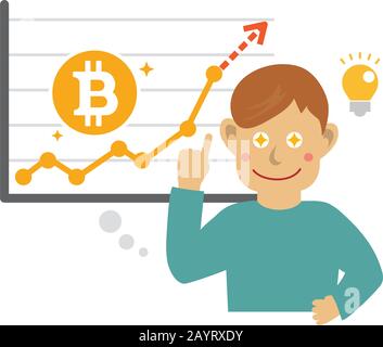 Ein Mann, der mit dem steigenden Preis von Bitcoins zufrieden ist Stock Vektor