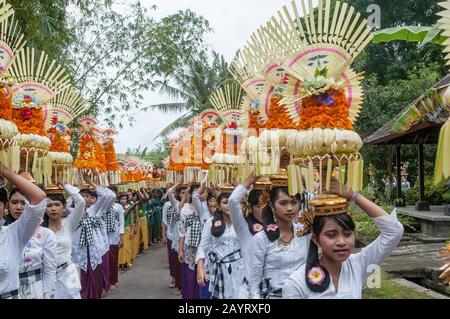 Bali, Indonesien - 26. Juli 2010: Gruppe von Frauen in traditionellen Kostümen und farbenfrohes Angebot auf dem Kopf gehen zum heiligen Pura Tanah Lot Tempel. Stockfoto