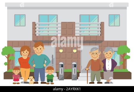 Zwei Familien zu Hause/Duplex-Haus. Familienabbildung der 3. Generation. Stock Vektor