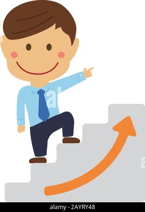 Deformierte Cartoon-Unternehmer-Illustration des Aufstieges der Treppe, die auf Erfolg und Karriere abzielt (asiatischer Arbeiter) Stock Vektor