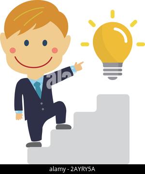 Deformierte Cartoon-Unternehmer-Illustration des Aufstieges auf die Treppe, die auf geschäftliche Innovation abzielt (kaukasische Arbeiter) Stock Vektor