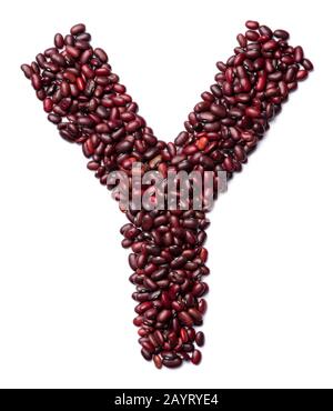 Der Buchstabe "Y" des englischen Alphabets aus braunen Bohnen auf einem weiß isolierten Hintergrund. Braunes Haricot-Bohnen-Muster. Gesundes Lebensmittelkonzept. Buchstaben f Stockfoto