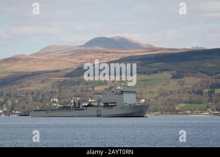 RFA-Mounts Bay (L3008), ein Bay-Klasse Landung Schiff Dock von der Royal Fleet Auxiliary betrieben, aus Greenock während der Übung gemeinsame Krieger 12-1. Stockfoto