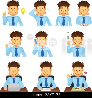 Vector Flat Illustration Set für asiatische Geschäftsleute (Oberkörper) / verschiedene Geschäftssituationen (Pendeln, Kaffeepause, Arbeiten mit Computer, sprechen Stock Vektor