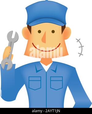 Junge asiatische (japanisch, koreanisch etc.) blau Kragen Arbeiter (Oberkörper) Vektor-Illustration (Ingenieur, Reparaturmann, Mechaniker, Lieferer etc.) / lächelnd Stock Vektor