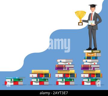 Geschäftsmann auf dem Stapel von Büchern. Stock Vektor