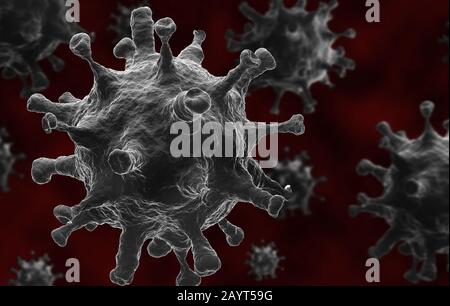 Coronavirus Disease Cells, 3D-Rendering. Neuer Coronavirus (COVID-19)-Infektionsausbruch 2019 kommt aus Wuhan, China Stockfoto