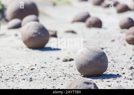 Ungewöhnliche narurale Steinkugeln, Cancha de bochas, Ischigualasto, Argentinien. Stockfoto