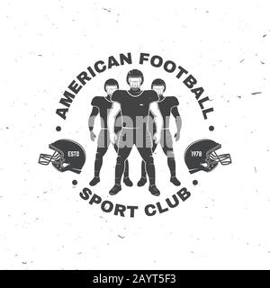 American Football- oder Rugby-Club-Abzeichen. Vektorgrafiken. Konzept für Hemd, Logo, Druck, Stempel, T-Shirt, Patch. Vintage-Typografie-Design mit american Football Sportsman Spielersilhouette Stock Vektor