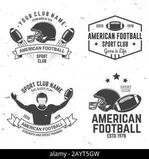 Satz American Football- oder Rugby-Club-Abzeichen. Vektor für Hemd, Logo, Druck, Stempel, T-Shirt, Patch. Vintage-Design mit american Football Sportsman Spieler, Helm, Ball und Schulterpolster Silhouette Stock Vektor