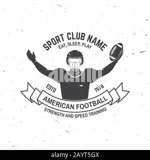 American Football- oder Rugby-Club-Abzeichen. Vektorgrafiken. Konzept für Hemd, Logo, Druck, Stempel, T-Shirt, Patch. Vintage-Typografie-Design mit american Football Sportsman Spieler mit Ballsilhouette Stock Vektor