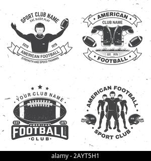 Satz American Football- oder Rugby-Club-Abzeichen. Vektor für Hemd, Logo, Druck, Stempel, T-Shirt, Patch. Vintage-Design mit american Football Sportsman Spieler, Helm, Ball und Schulterpolster Silhouette Stock Vektor