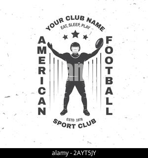 American Football- oder Rugby-Club-Abzeichen. Vektorgrafiken. Konzept für Hemd, Logo, Druck, Stempel, T-Shirt, Patch. Vintage-Typografie-Design mit american Football Sportsman Spieler mit Ballsilhouette Stock Vektor