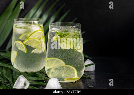 Mojito in einem großen transparenten Glas mit Kalk- und Minzblättern und Eiswürfeln. Im Hintergrund befinden sich Palmzweige. Auf schwarzem Holzhintergrund. Kopieren Stockfoto